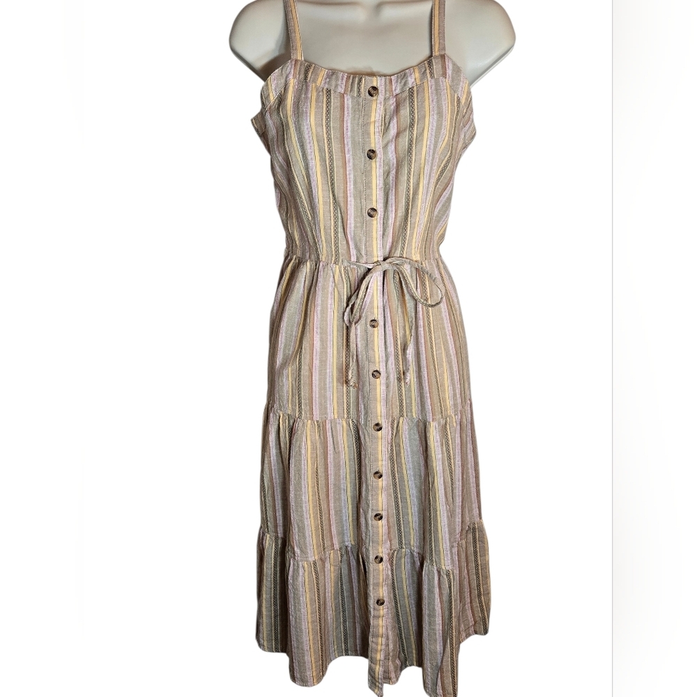 Striped Multicolor Button-Down Tiered Midi Dress, Pockets, Med